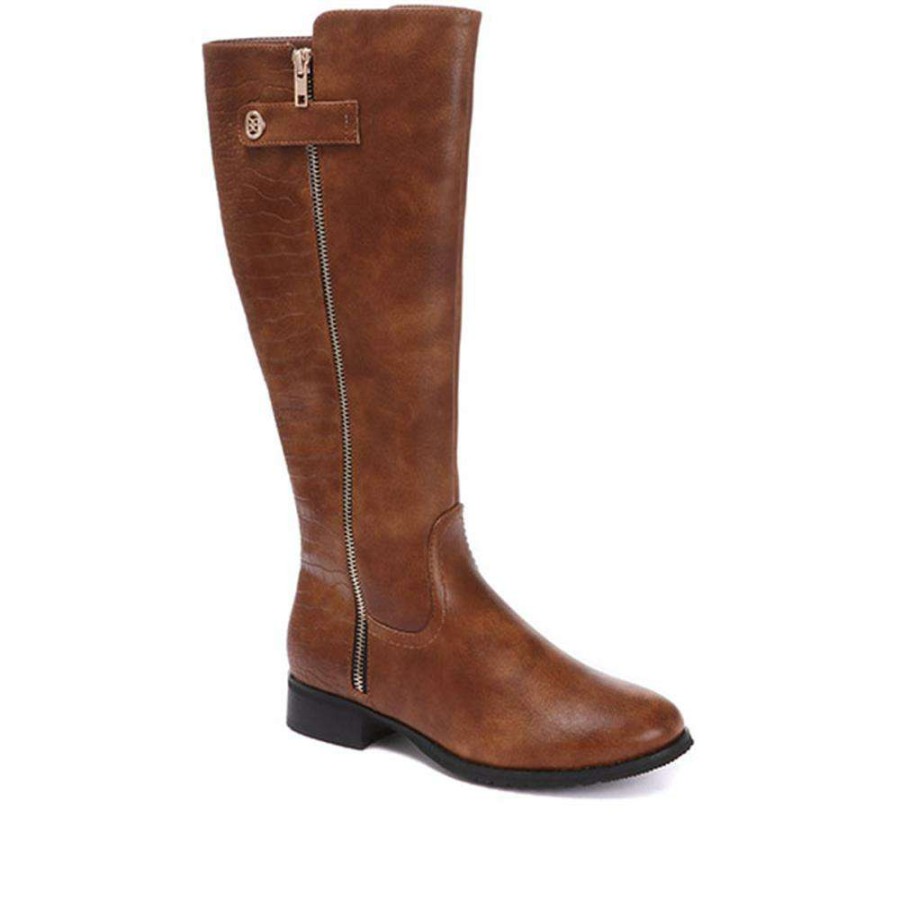 Women'S * | Bellissimo Croc Effect Knee High Boots Belwbins30038 / 316 542 Tan