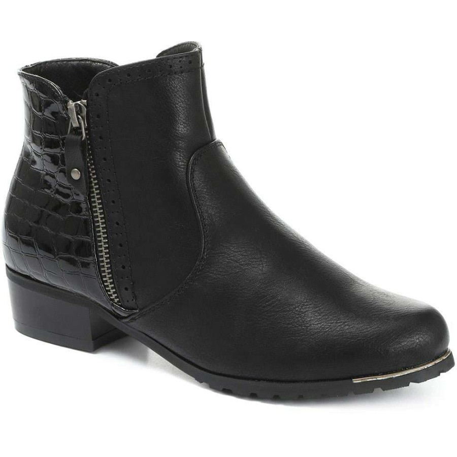 Women'S * | Bellissimo Croc Effect Low Heel Ankle Boot Belwbi30020 / 316 547 Boots Black-Black Patent Croc