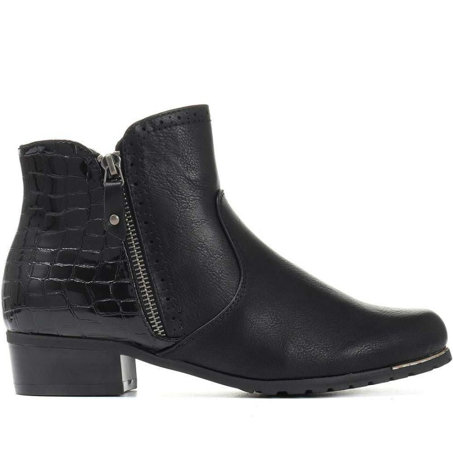 Women'S * | Bellissimo Croc Effect Low Heel Ankle Boot Belwbi30020 / 316 547 Boots Black-Black Patent Croc