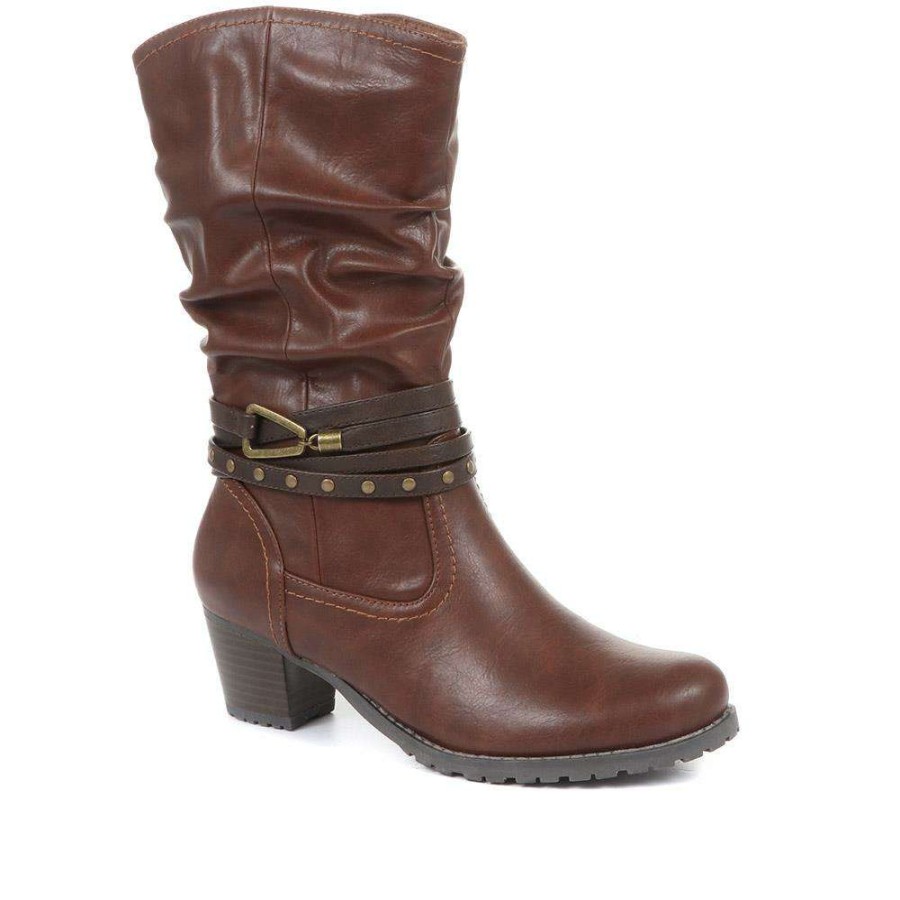 Women'S * | Pavers Brown Mid-Calf Low Heeled Boots Plan34001 / 320 564 / 320 564 Cognac