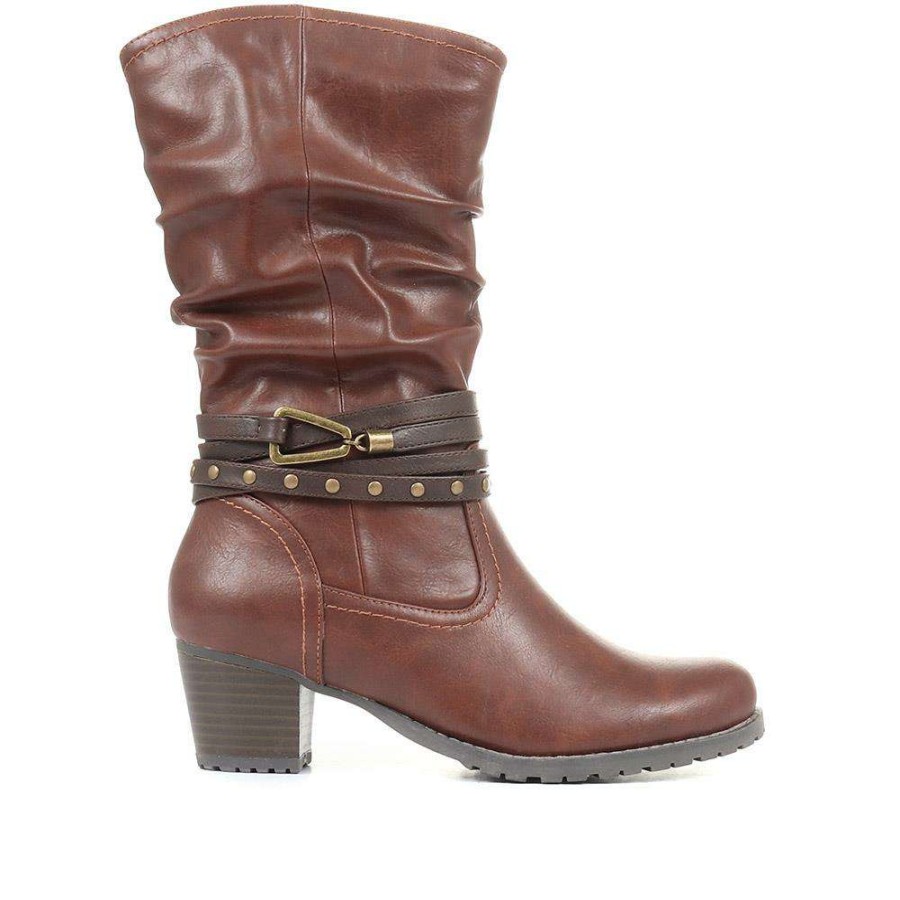 Women'S * | Pavers Brown Mid-Calf Low Heeled Boots Plan34001 / 320 564 / 320 564 Cognac