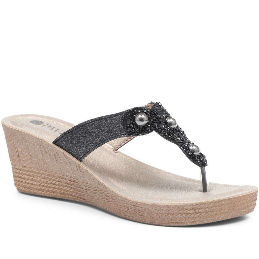 Women'S * | Pavers Embellished Thong Wedge Sandals Inb31037 / 318 168 / 318 168 Black